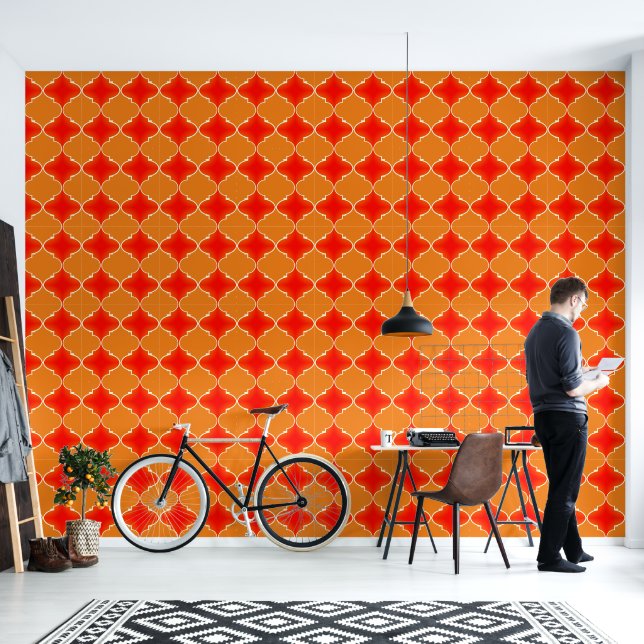 Papel Pintado Patrón marruecos naranja y chili rojo (Sala de estar)