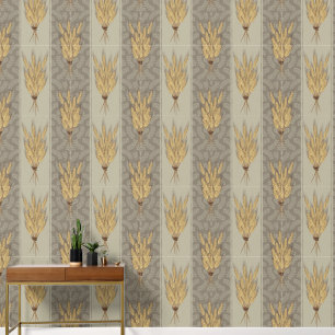 Papel Pintado Patrón máximo de trigo y hojas - Beige griego