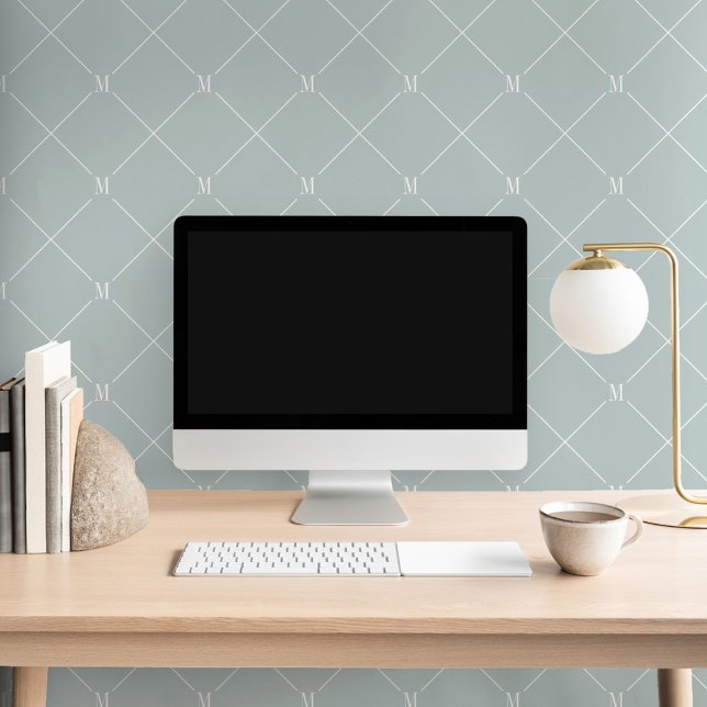 Papel Pintado Patrón mínimo de monograma diagonal azul controlad (Minimal Blue Diagonal Checkered Monogram Pattern Wallpaper)