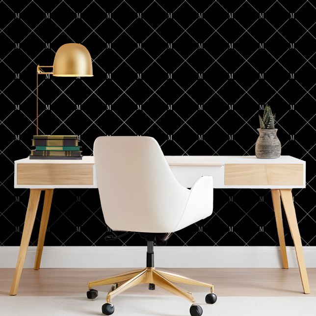 Papel Pintado Patrón mínimo de monograma diagonal negro controla (Minimal Black Diagonal Checkered Monogram Pattern Wallpaper)
