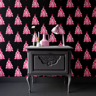 Papel Pintado Patrón moderno de árbol de Navidad negro rosado