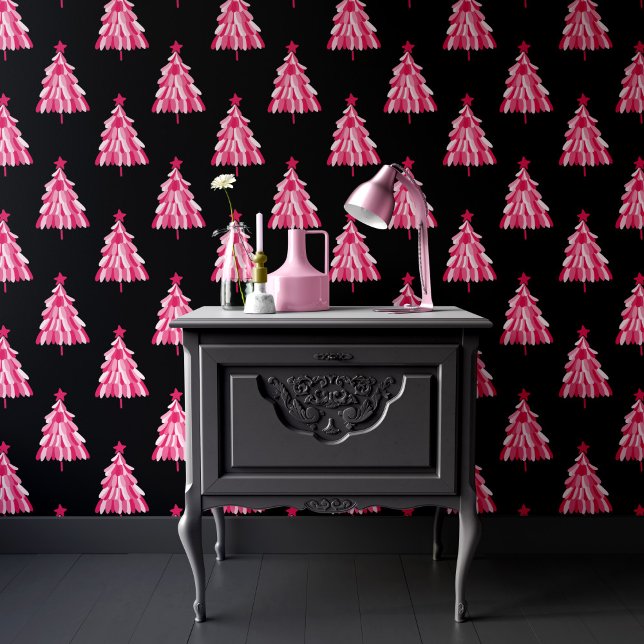 Papel Pintado Patrón moderno de árbol de Navidad negro rosado (Modern pink and black christmas tree wallpaper, perfect for holiday decor.)