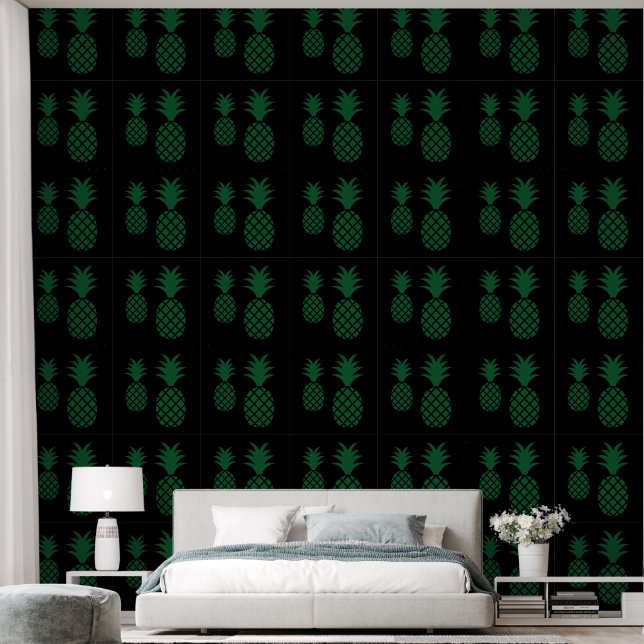 Papel Pintado Patrón moderno de piña negra verde (Dormitorio)