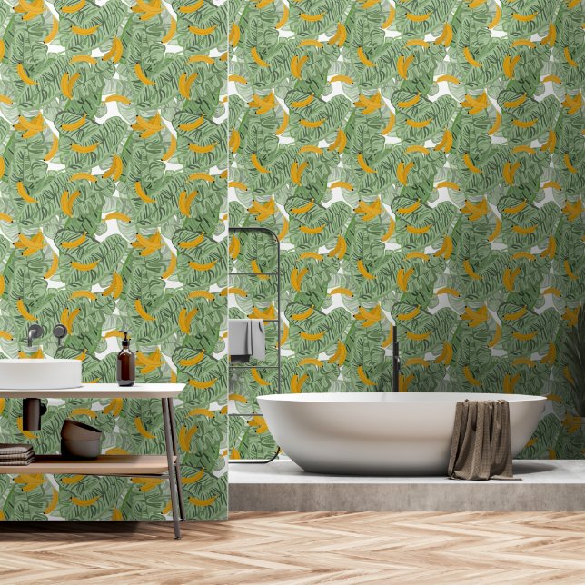 Papel Pintado Patrón moderno de vegetación plástica tropical (Baño)