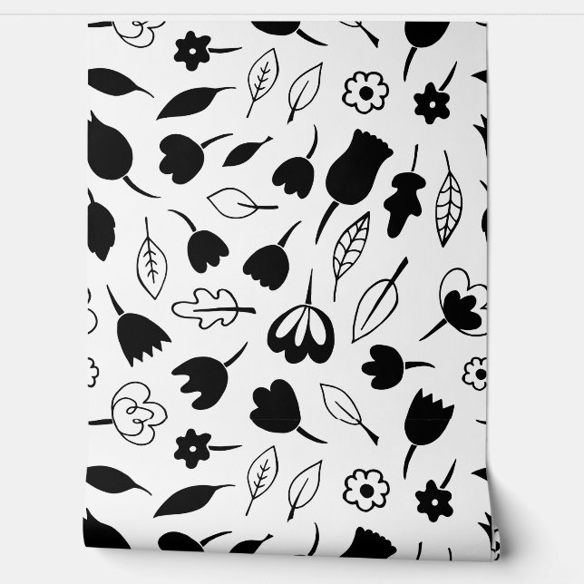 Papel Pintado Patrón monocromo de flores flotantes (Desenrollar)