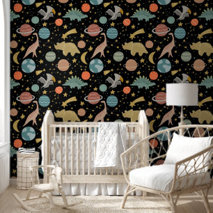 Papel Pintado Patrón Negro de Dinosaurios Espaciales para Guarde
