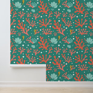Papel Pintado Patrón oceánico de coral y caballito de mar colori