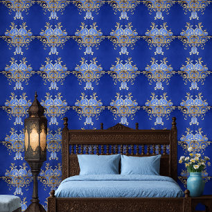 Papel Pintado Patrón Ornamental Arabesco Azul Real y Dorado