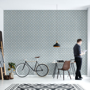 Papel Pintado Patrón portugués amarillo azul azulejo moderno