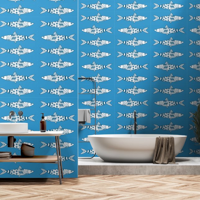 Papel Pintado Patrón portugués de sardinas de Lisboa Azulejos az (Baño)