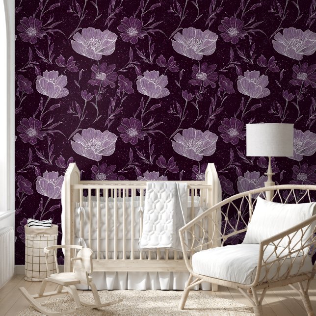 Papel Pintado Patrón Purpurina morado floral (Niños)