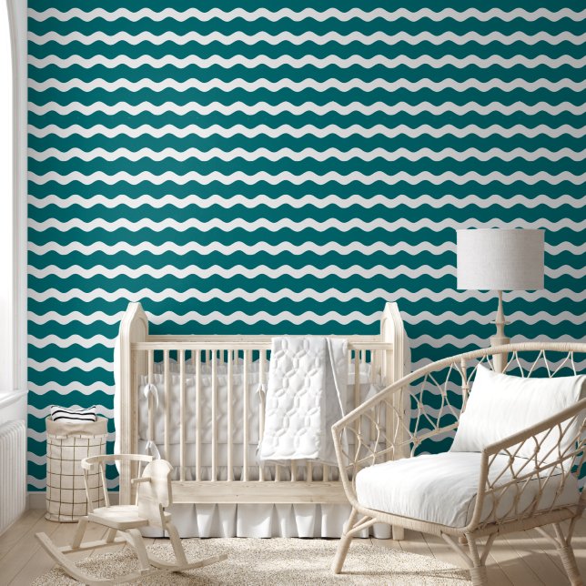 Papel Pintado Patrón rayado de anillos ricos ondulados verde azu (Niños)