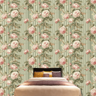 Papel Pintado Patrón rayado verde de rosas rosadas victorianas v