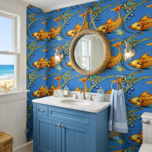 Papel Pintado Patrón Retro de Peces Koi Art Nouveau