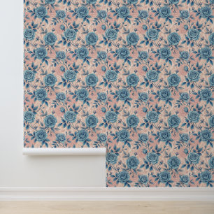 Papel Pintado Patrón Rosa azul retro sobre fondo rosa suave