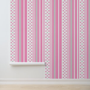 Papel Pintado Patrón rosa rayado con estrellas