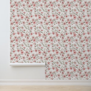 Papel Pintado Patrón Sakura de flores de cerezo rosa en blanco (