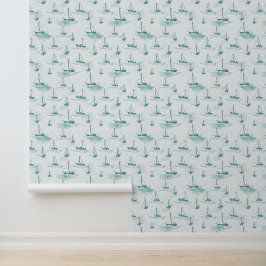 Papel Pintado Patrón Serene Blue Green de los pequeños veleros