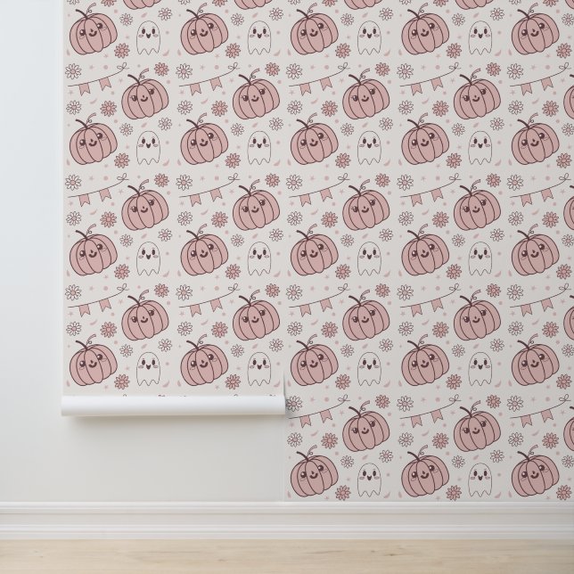 Papel Pintado Patrón sin foco de Halloween rosa Pastel (2) (Solicitud)