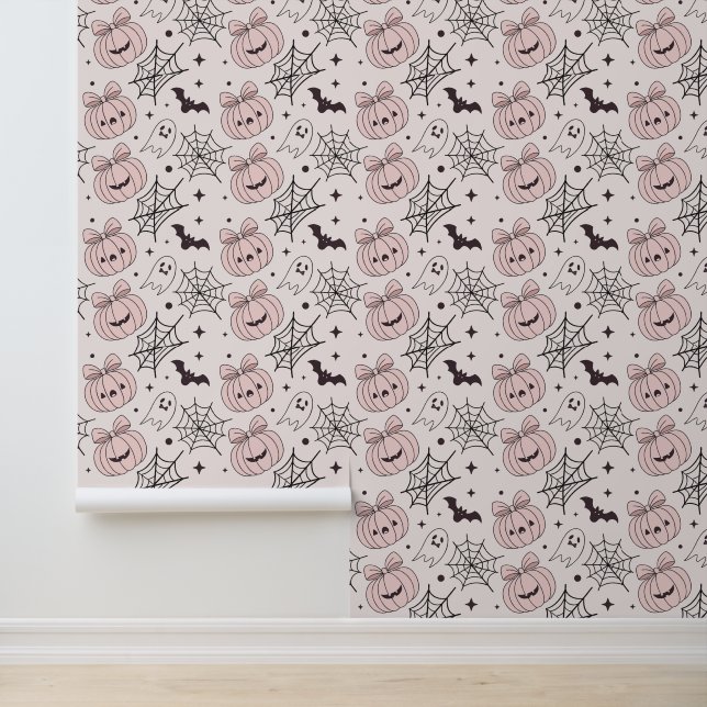 Papel Pintado Patrón sin foco de Halloween rosa pastel (5) (Solicitud)