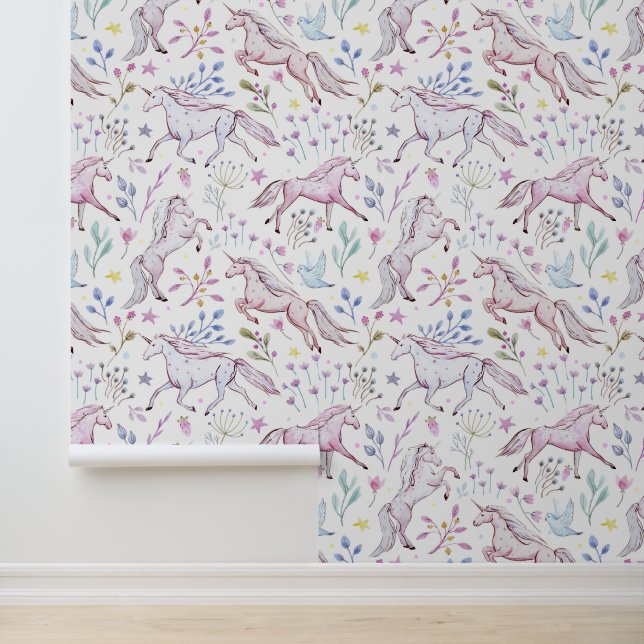 Papel Pintado Patrón unicornio de acuarela floral (Solicitud)