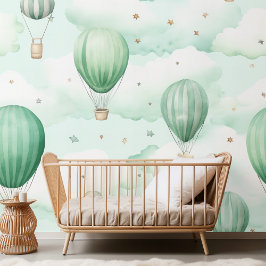 Papel Pintado Patrón verde con nubes y globos de aire caliente