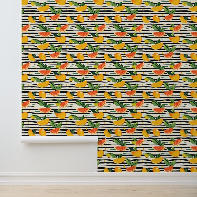 Papel Pintado Patrón vibrante de cítricos con hojas verdes (6) (Solicitud)