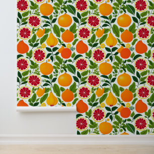 Papel Pintado Patrón vibrante de cítricos, peras y hojas