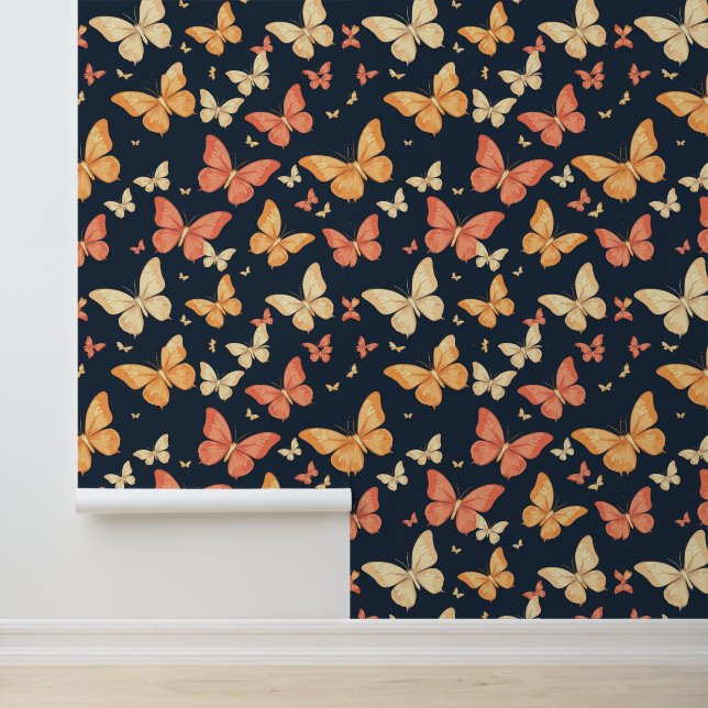 Papel Pintado Patrón vibrante de mariposas en azul oscuro (Solicitud)