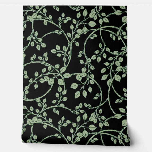 Papel Pintado Patrón Vino Verde Fluido Sobre Negro (Desenrollar)