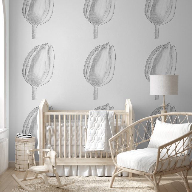 Papel Pintado Patrones de flores grises Tulipanes Flores Art Ele (Niños)