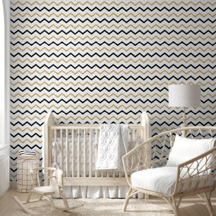 Papel Pintado Patrones Elegantes de Línea en Zigzag Negros y Dor