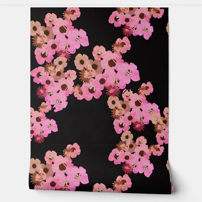 Papel Pintado Peach Pink Flowers on Black (Desenrollar)