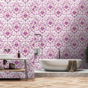 Papel Pintado Peach Purple White Damask Floral peinado y palo