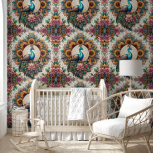 Papel Pintado Peacock acuático y Blooms de Boho
