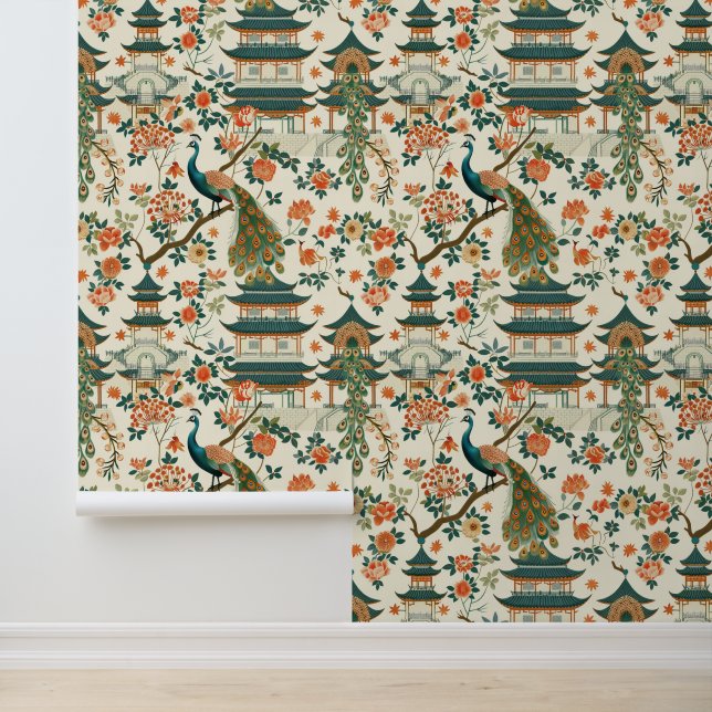 Papel Pintado Peacoock floral chino elegante (Solicitud)