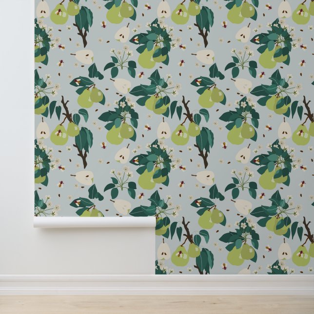 Papel Pintado Pears & Bees in a Botanical Floral Garden Kitchen (Solicitud)