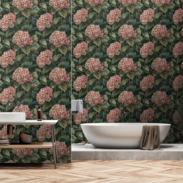 Papel Pintado Pelo y palo de hidrangea rosa y verde modernos (Baño)