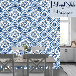 Papel Pintado Pelo Y Palo De Patrón Azul Azul Mediterráneo Boho