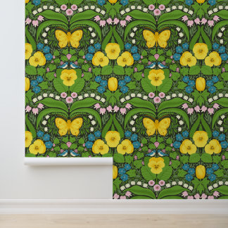 Papel Pintado Pensamientos amarillos, pájaros y mariposas