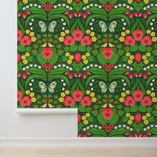 Papel Pintado Pensamientos rojos, pájaros y mariposas
