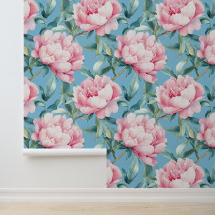 Papel Pintado Peonías rosadas Jumbo Blush con fondo azul cielo