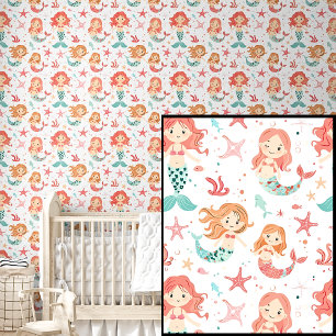 Papel Pintado Pequeñas sirenas y estrellas para niños rosados y