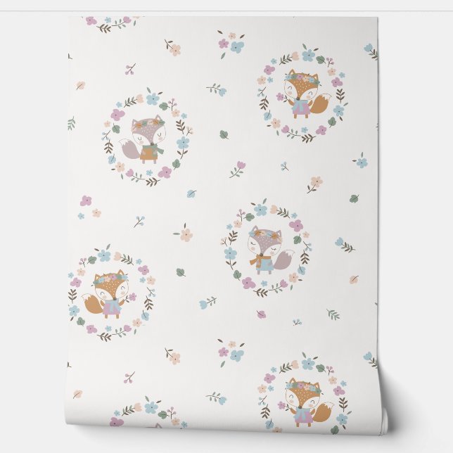 Papel Pintado Pequeño Fox de Caída Cuta con crema de flores (Desenrollar)