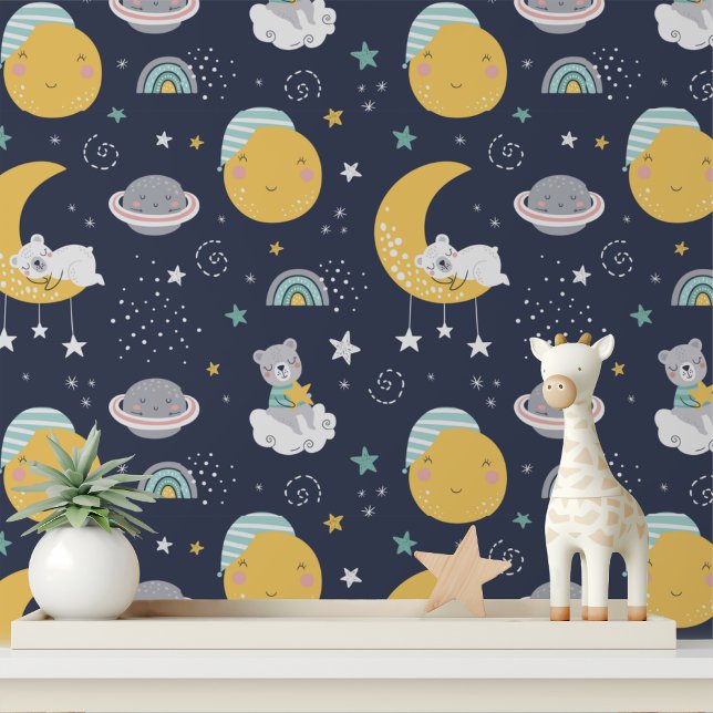 Papel Pintado Pequeño Oso Cute Moon Stars Planetas Patrón de niñ (Subido por el creador)