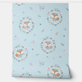 Papel Pintado Pequeño zorro de otoño con flores azul claro