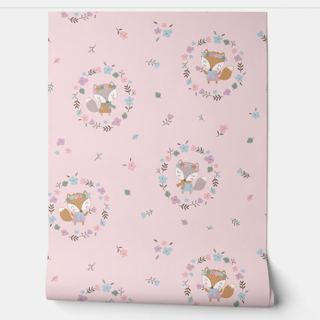 Papel Pintado Pequeño zorro de otoño con flores rosadas (Desenrollar)