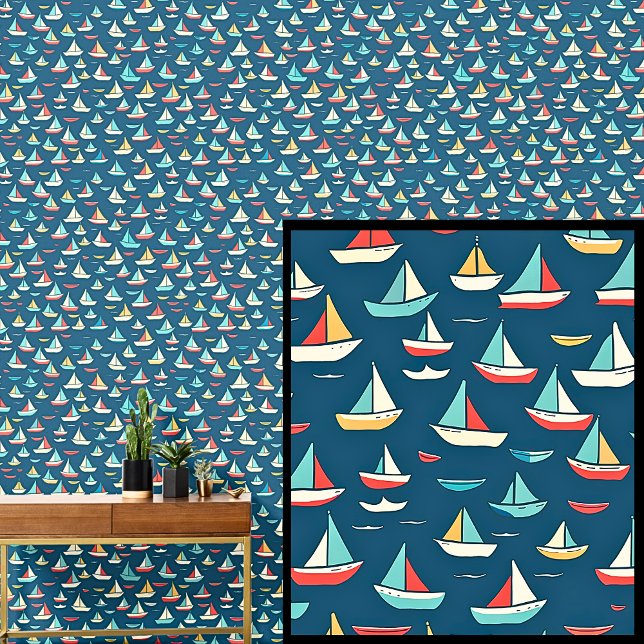 Papel Pintado Pequeños barcos de vela, azul rojo náutico (Subido por el creador)