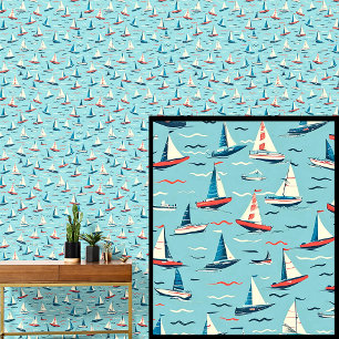 Papel Pintado Pequeños barcos de vela con olas de azul rojo blan
