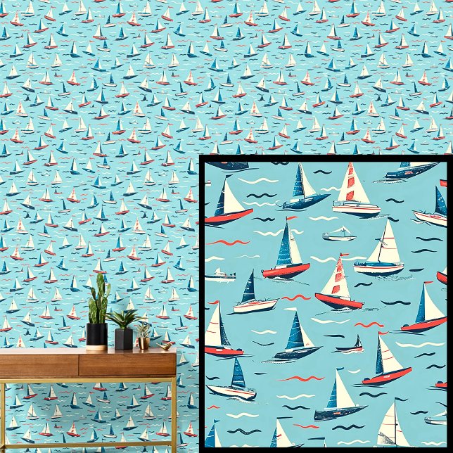 Papel Pintado Pequeños barcos de vela con olas de azul rojo blan (Subido por el creador)